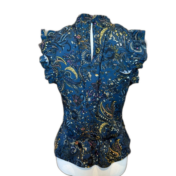 Goodthreads Smocked Ruffle Sleeveless Blouse Medium High Neck Navy Floral Multi - Picture 2 of 8